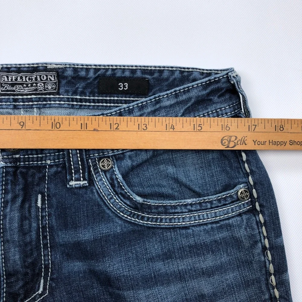 Affliction Premium Blake Jeans Mens 33 Medium Wash Straight Leg Embroidered **